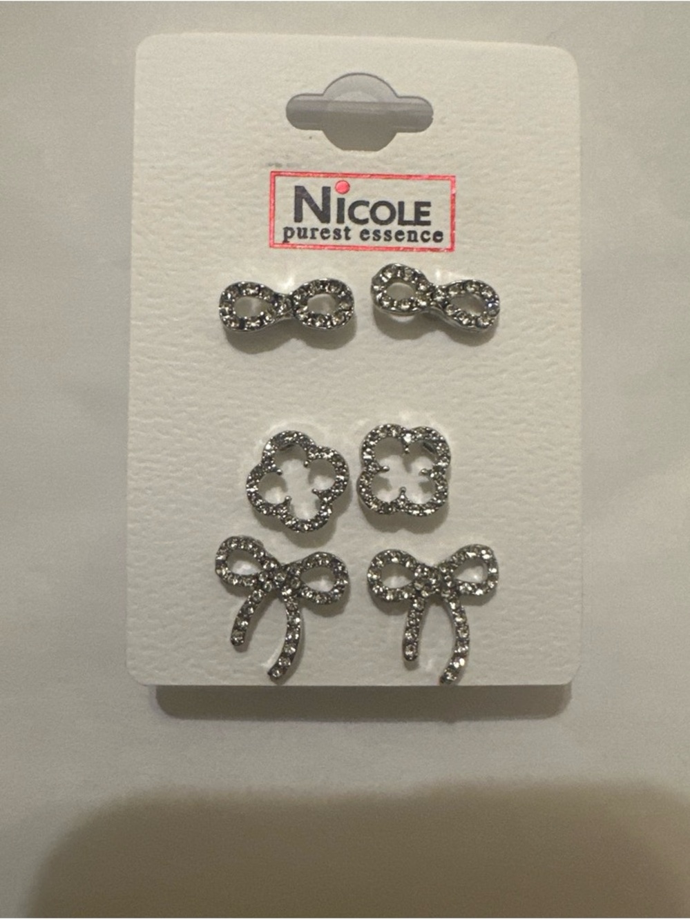 Nicole Kids Silver Rhinestone Stud Earring Set - Infinity, clover & Bow